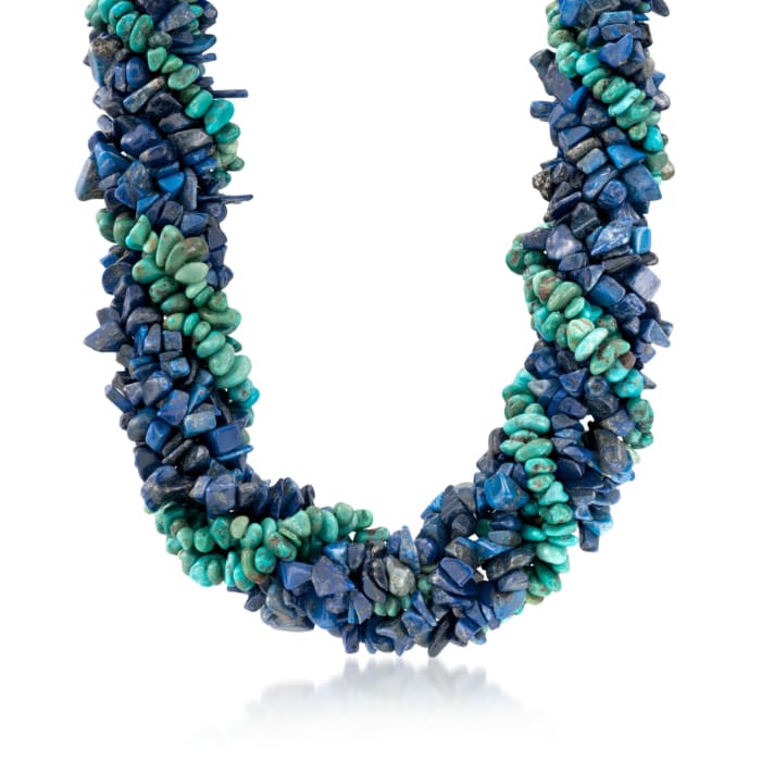 Lapis and Turquoise Torsade Necklace with Sterling Silver