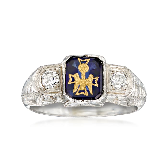 C. 1920 Vintage Men's 1.60 Carat Synthetic Sapphire and .30 ct. t.w. Diamond Insignia Ring in 18kt White Gold and 22kt Yellow Gold