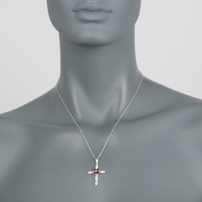 1.60 ct. t.w. Garnet and .16 ct. t.w. White Topaz Cross Pendant Necklace in Sterling Silver 18-inch