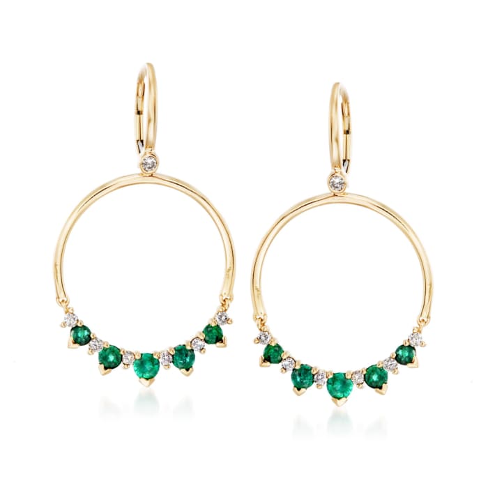 1.40 ct. t.w. Emerald and .44 ct. t.w. Diamond Open Circle Drop Earrings in 14kt Yellow Gold