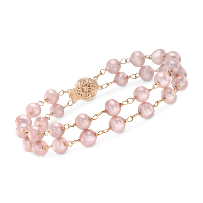 6-6.5mm Pink Cultured Pearl Bracelet in 14kt Yellow Gold