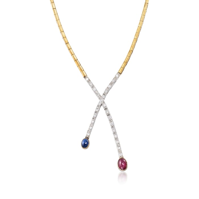 C. 1970 Vintage 2.00 Carat Ruby and 1.05 Carat Sapphire Necklace with Diamonds in 18kt Two-Tone Gold
