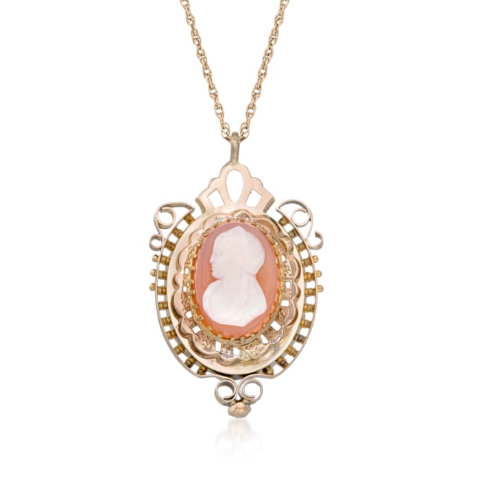 C. 1950 Vintage Carved Agate Cameo Pendant Necklace in 10kt and 14kt Yellow Gold