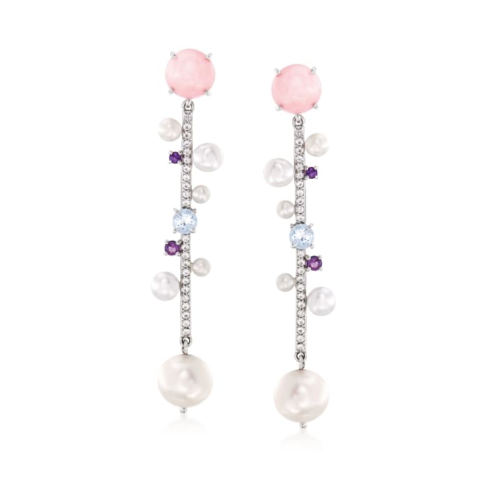 Cultured Pearl, Opal and 1.30 ct. t.w. Multi-Gemstone Drop Earrings in Sterling Silver
