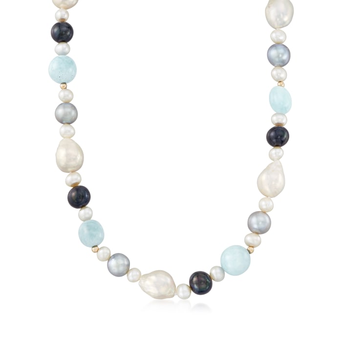 6-12mm Multicolored Cultured Pearl and Milky Aquamarine Bead Necklace ...