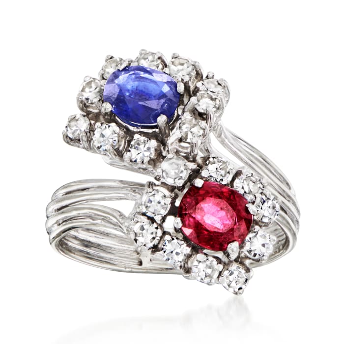 C. 1990 Vintage 1.10 ct. t.w. Multi-Gemstone and .70 ct. t.w. Diamond Bypass Ring in 18kt White Gold