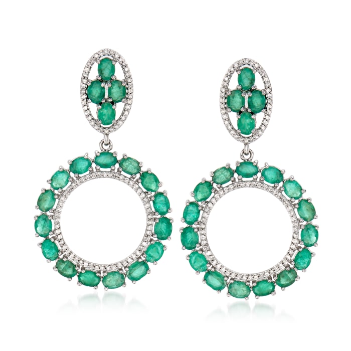 5.50 ct. t.w. Emerald and .43 ct. t.w. Diamond Circle Drop Earrings in 14kt White Gold