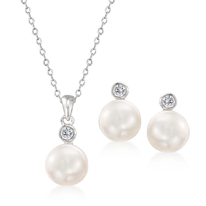 8-8.5mm Cultured Pearl and .10 ct. t.w. CZ Jewelry Set: Earrings and Pendant Necklace in Sterling Silver
