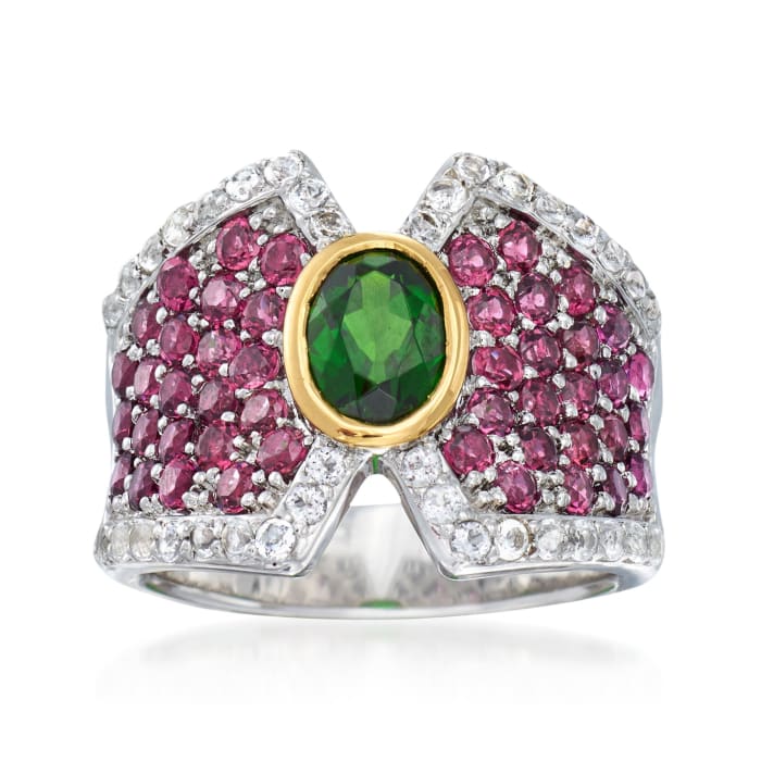 .60 Carat Chrome Diopside and 1.90 ct. t.w. Rhodolite Garnet Ring with White Topaz in Two-Tone Sterling Silver