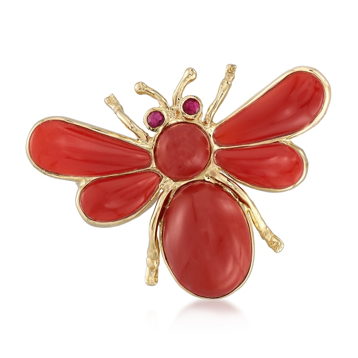 Red Agate Bug Pin with Ruby Accents in 14kt Yellow Gold
