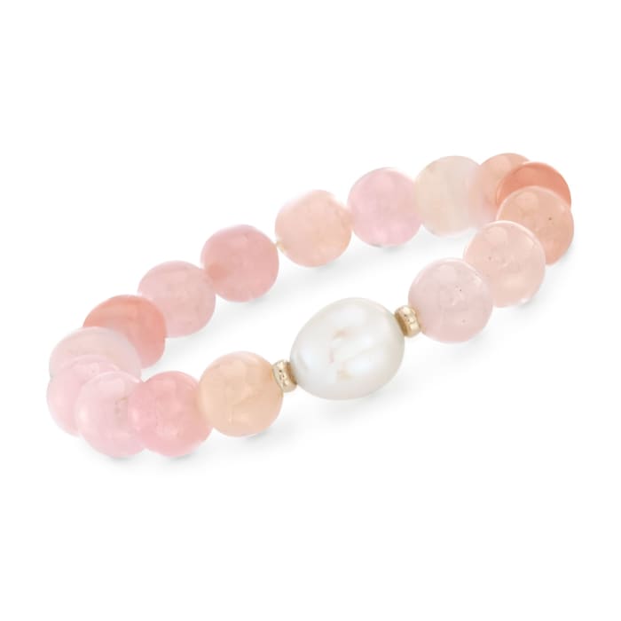 12-13mm Cultured Baroque Pearl and Milky Morganite Stretch Bracelet with 14kt Yellow Gold