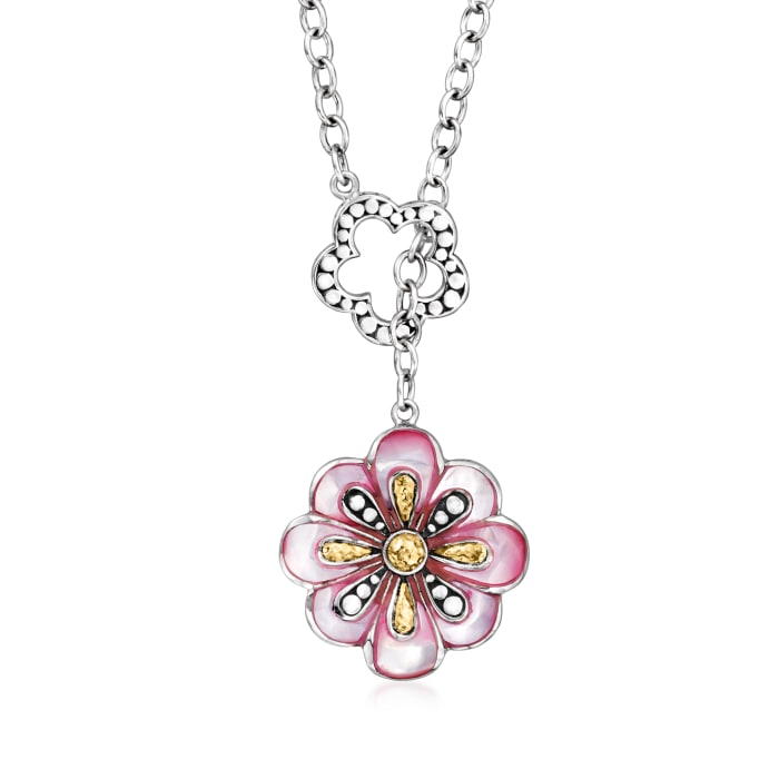 Pink Mother-of-Pearl Bali-Style Flower Lariat Necklace with Pink Enamel in Sterling Silver and 18kt Yellow Gold