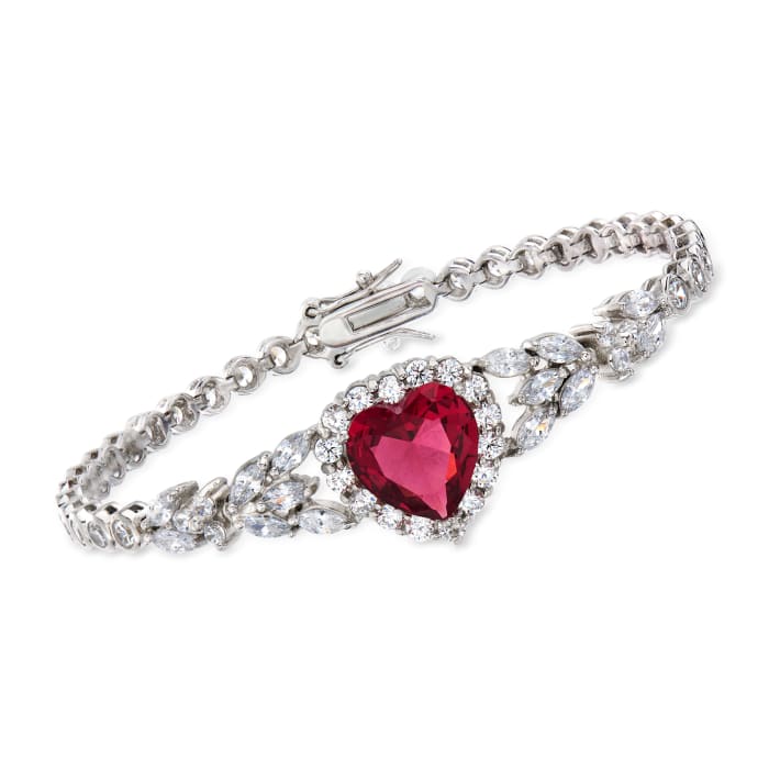 7.25 Carat Simulated Ruby and 6.67 ct. t.w. CZ Heart Bracelet in Sterling Silver