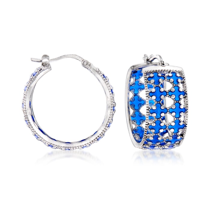 Italian Blue Enamel Hoop Earrings in Sterling Silver