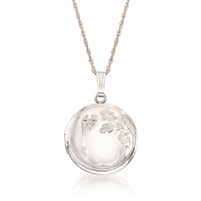 Sterling Silver Round Floral Locket Pendant Necklace with Diamond Accent