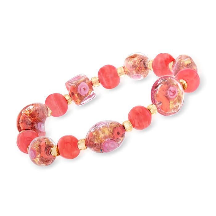 Italian Multicolored Murano Glass Bead Stretch Bracelet in 18kt Yellow Gold Over Sterling Silver