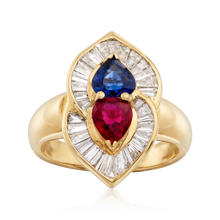 C. 1980 Vintage .75 Carat and .75 Carat Sapphire Heart-Shaped Ring with Diamonds in 18kt Yellow Gold 