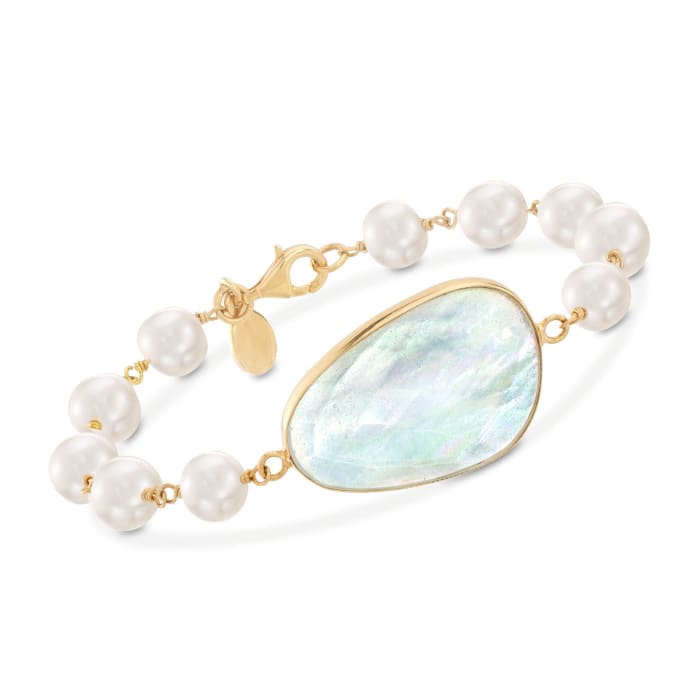 Mother-Of-Pearl Doublet and 8-9mm Cultured Pearl Bracelet in 18kt Gold Over Sterling