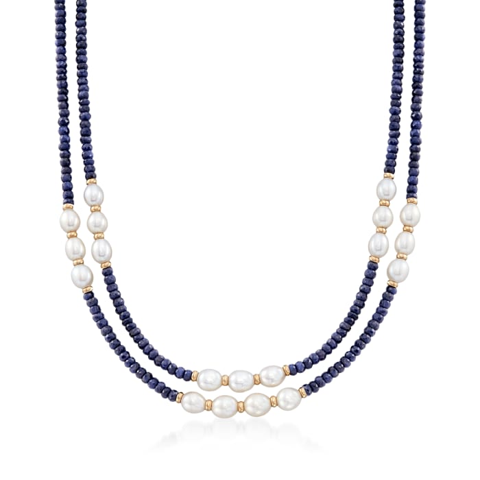 4-5mm Sapphire Bead and 7-8mm Cultured Pearl Two-Strand Necklace with 14kt Yellow Gold