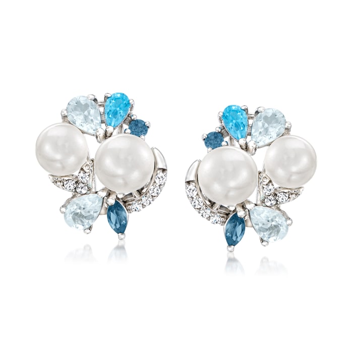 6.5-8mm Cultured Pearl and 3.00 ct. t.w. Tonal Blue Topaz Drop Earrings with .20 ct. t.w. Simulated White Sapphire in Sterling Silver