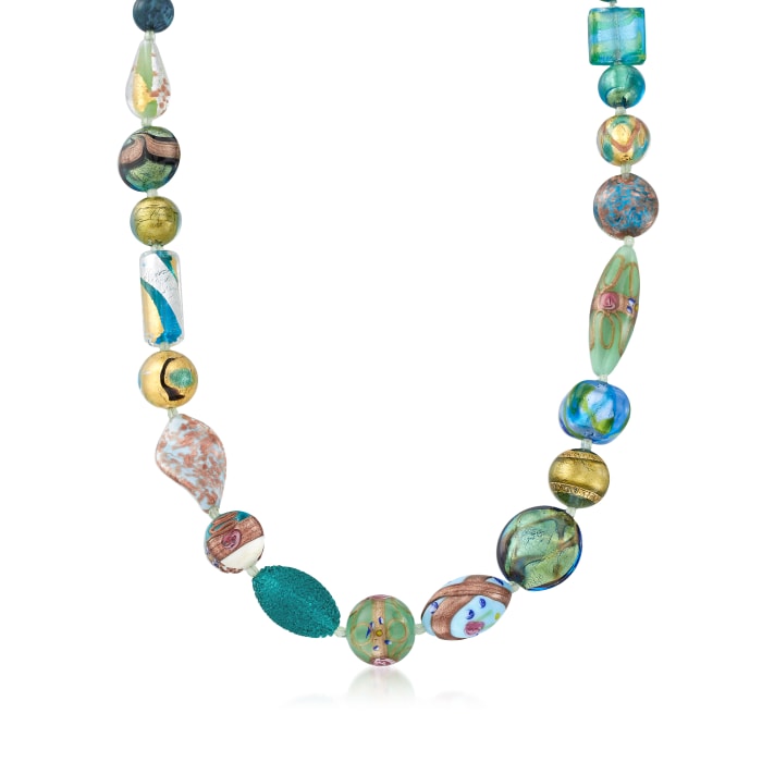 Italian Green and Blue Murano Glass Bead Necklace with 18kt Gold Over Sterling