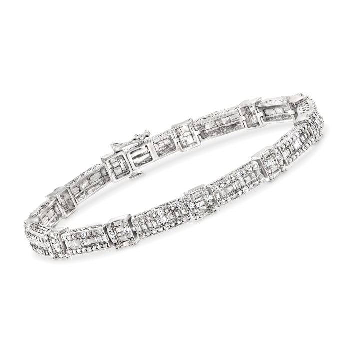 1.00 ct. t.w. Baguette and Round Diamond Bracelet in Sterling Silver ...