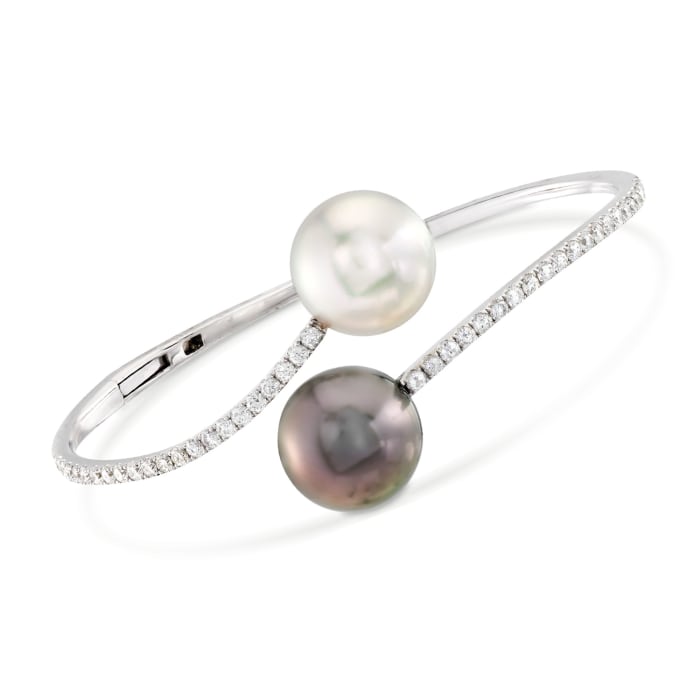 12-13mm Cultured South Sea and Tahitian Pearl Bypass Bracelet with 1.00 ct. t.w. Diamonds in 18kt White Gold