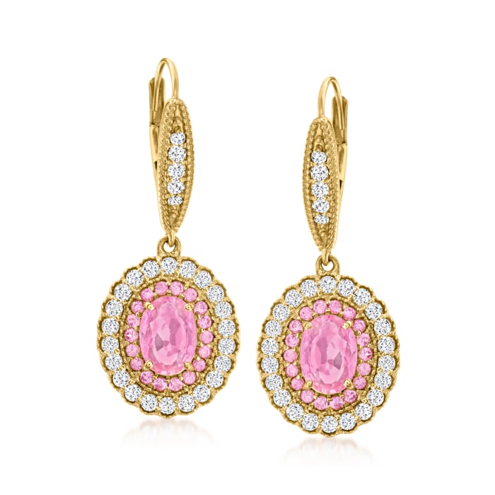 2.70 ct. t.w. Pink Sapphire and .79 ct. t.w. Diamond Drop Earrings in 18kt Yellow Gold
