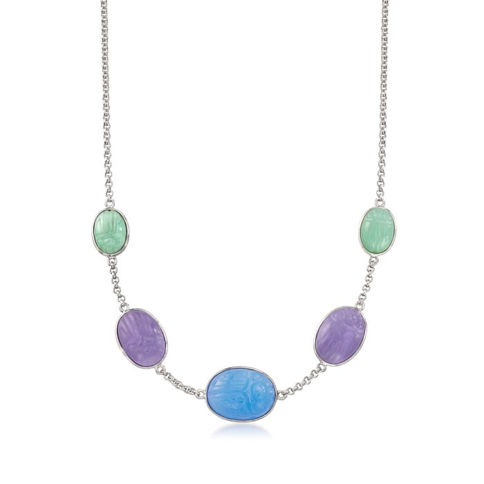 Multicolored Jade Scarab Station Necklace in Sterling Silver