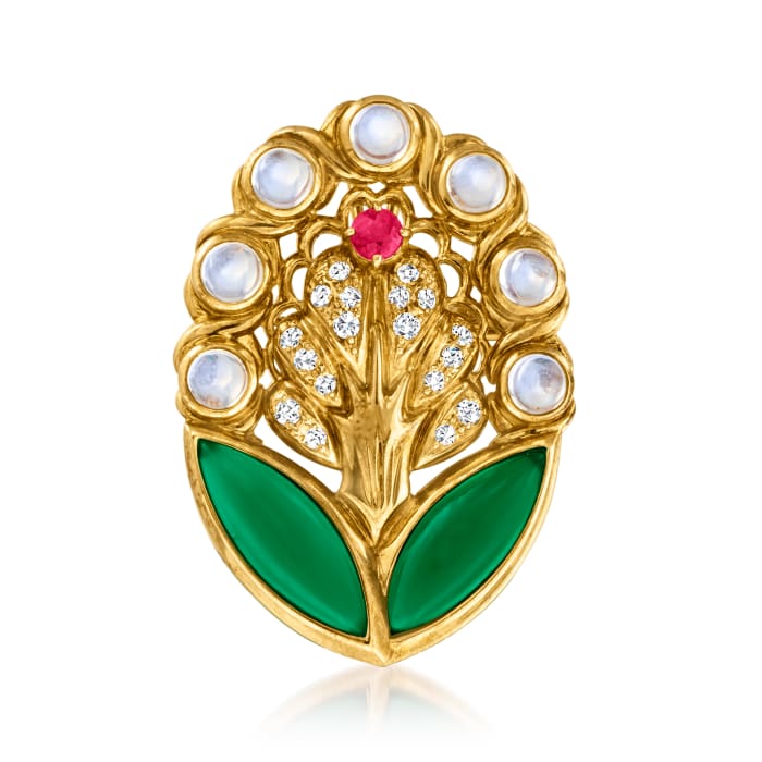 C. 1980 Vintage Moonstone, Green Chalcedony, .26 ct. t.w. Diamond and .24 Carat Ruby Flower Pin/Pendant in 18kt Yellow Gold