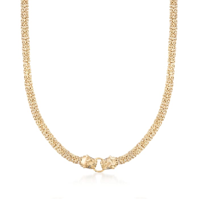14kt Yellow Gold Double Panther Head Byzantine Necklace with Diamond Accents