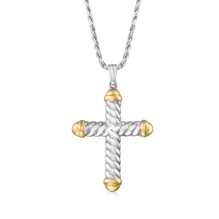 Roped Cross Pendant Necklace in Two-Tone Sterling Silver