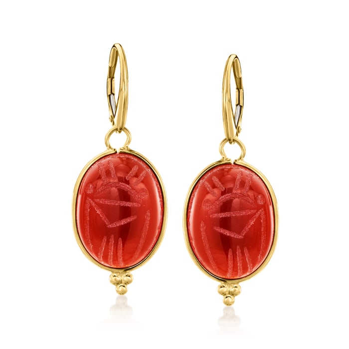Red Carnelian Scarab Drop Earrings in 22kt Gold Over Sterling