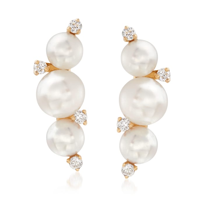 4-5.5mm Cultured Pearl and .12 ct. t.w. Diamond Curve Earrings in 14kt Yellow Gold