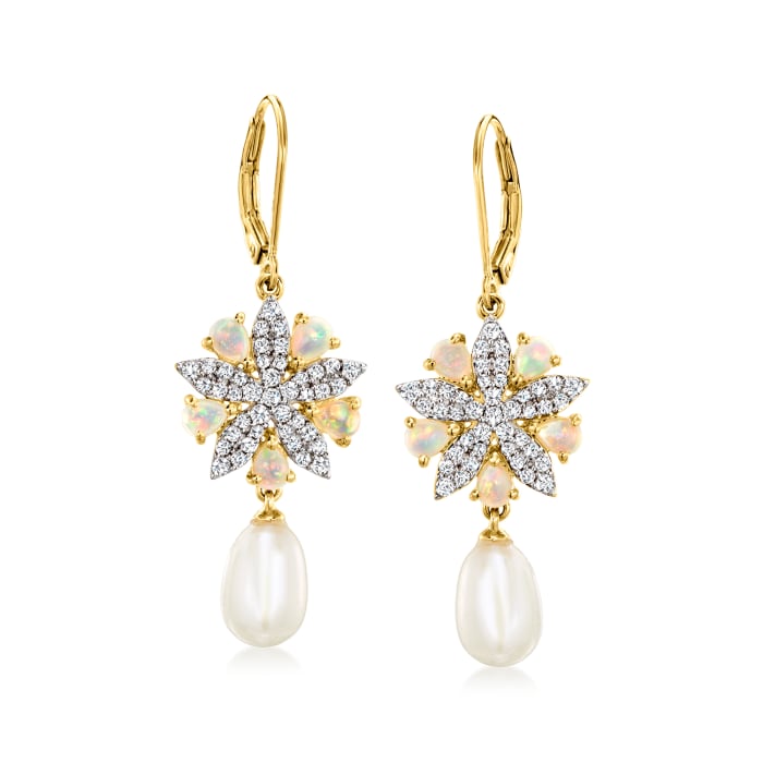 Opal, 10x7mm Cultured Pearl and 1.00 ct. t.w. White Topaz Starfish Drop Earrings in 18kt Gold Over Sterling