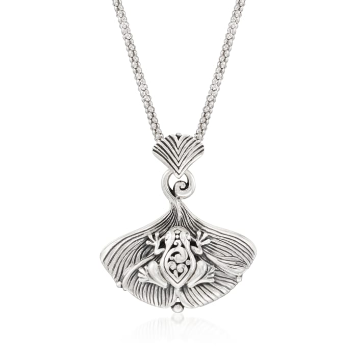 Sterling Silver Bali-Style Frog and Ginkgo Leaf Pendant Necklace 18-inch