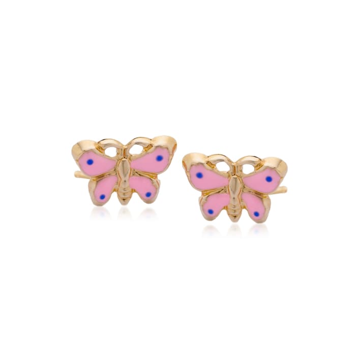 Child's 14kt Yellow Gold and  Pink Enamel Butterfly Earrings