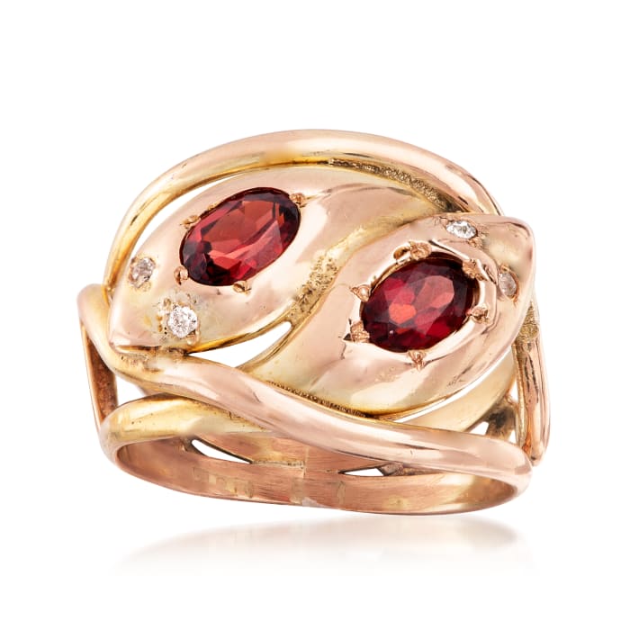 C. 1940 Vintage 1.20 ct. t.w. Garnet Double Snake Head Ring with Diamond Accents in 9kt Yellow and Rose Gold