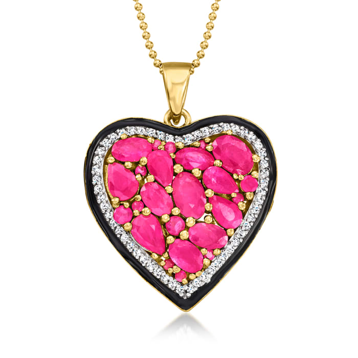 4.30 ct. t.w. Ruby Heart Pendant Necklace with .40 ct. t.w. White Zircon and Black Enamel in 18kt Gold Over Sterling