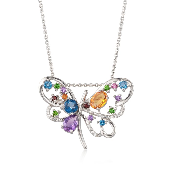 3.24 ct. t.w. Multi-Stone Butterfly Pin Pendant Necklace in Sterling Silver