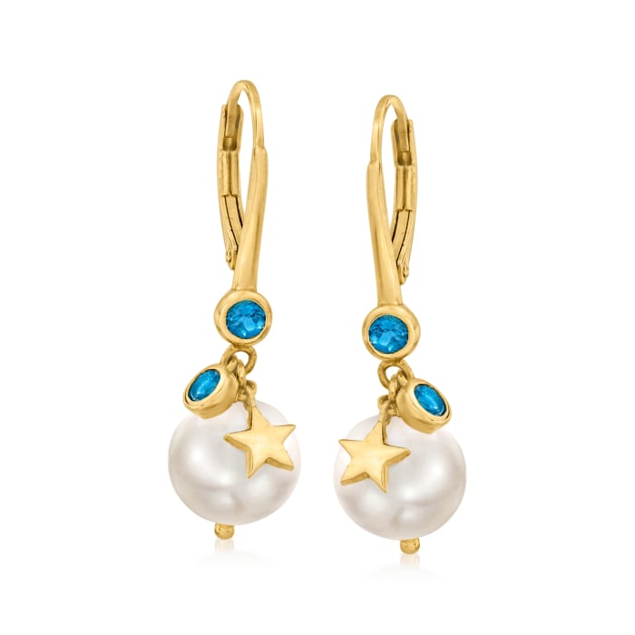 9-10mm Cultured Pearl and .50 ct. t.w. London Blue Topaz Drop Earrings in 18kt Gold Over Sterling with Star Charms