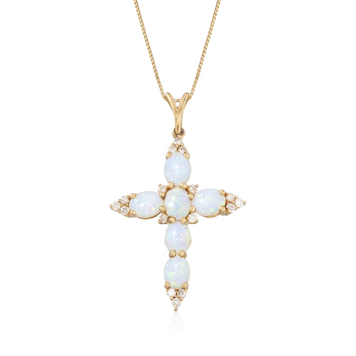 Australian Opal and .16 ct. t.w. Diamond Cross Pendant Necklace in 14kt Yellow Gold