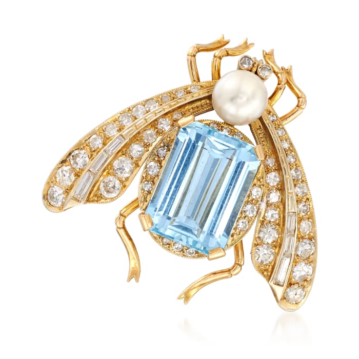 C. 1960 Vintage 6.50 Carat Aquamarine and 1.10 ct. t.w. Diamond Moth Pin With 6.5mm Cultured Pearl in 18kt Gold