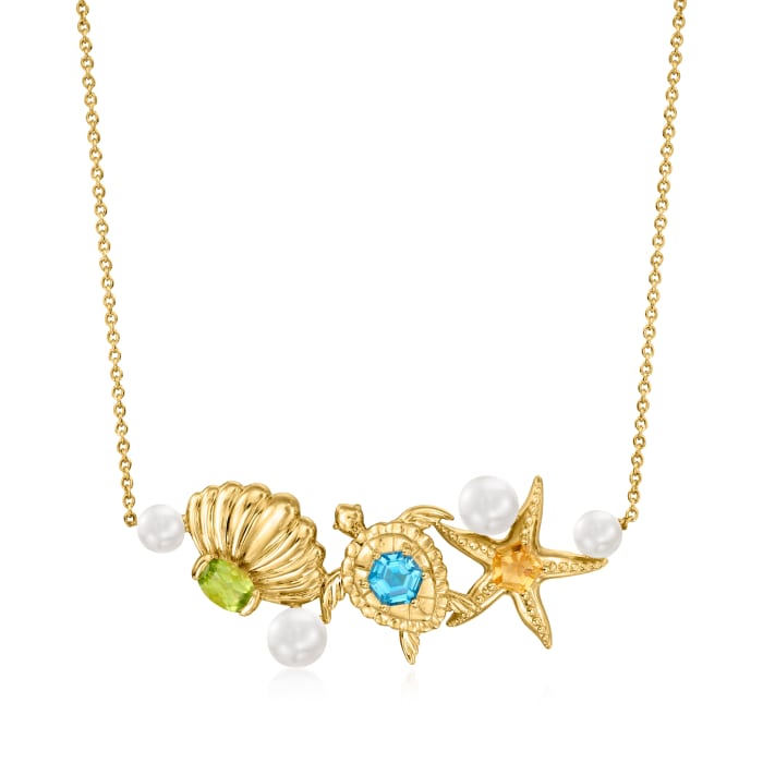 Cultured Pearl and 3.00 ct. t.w. Multi-Gem Sea Life Necklace in 18kt Gold Over Sterling