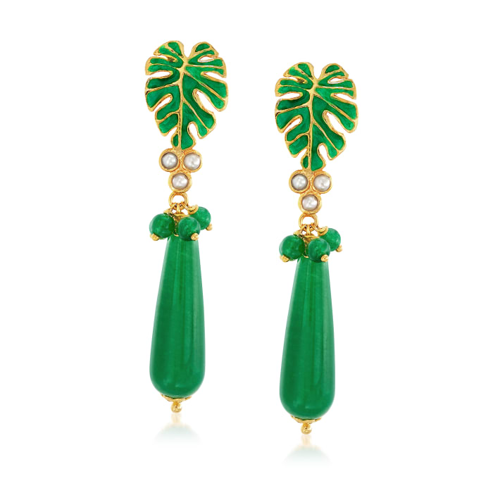 Italian 44.40 ct. t.w. Green Quartz Drop Earrings with 2x2.5mm Pearls in 18kt Gold Over Sterling
