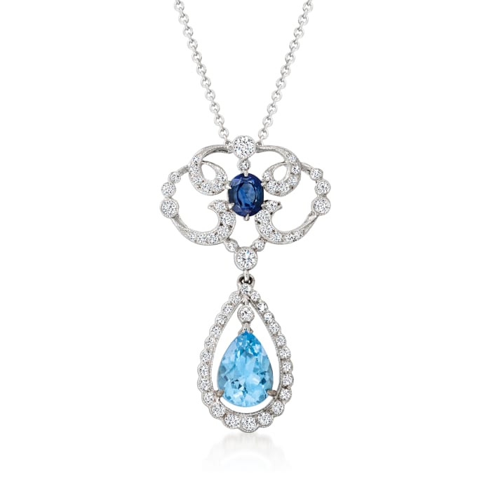 C. 1990 Vintage 2.10 Carat Sky Blue Topaz and .60 Carat Sapphire Pendant Necklace with .75 ct. t.w. Diamonds in 14kt and 18kt White Gold