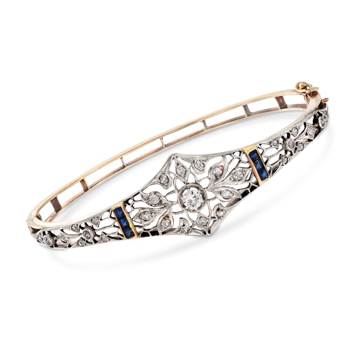 C. 1940 Vintage .90 ct. t.w. Diamond and .60 ct. t.w. Sapphire Filigree Bracelet in 14kt Yellow Gold