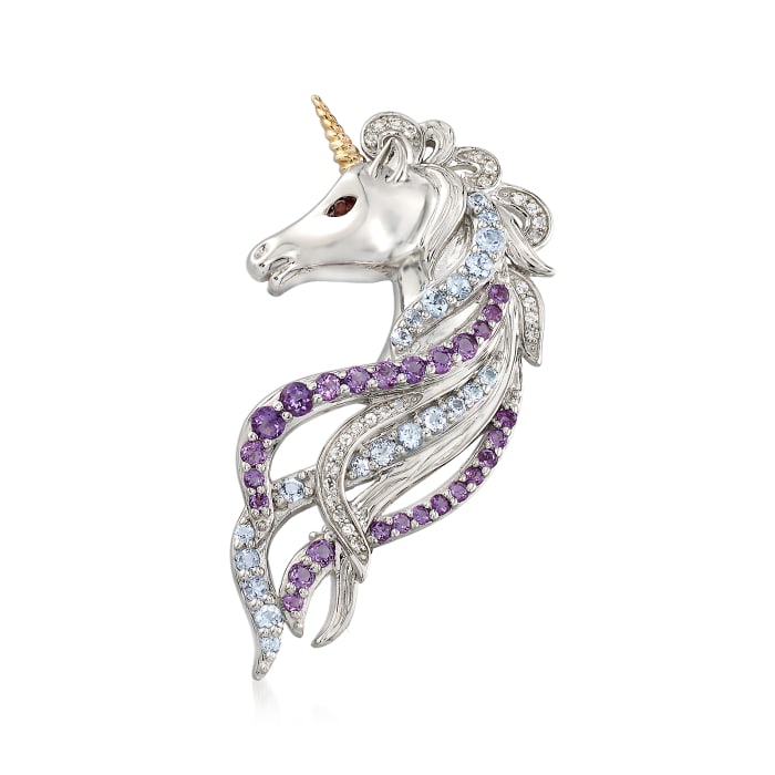 1.30 ct. t.w. Multi-Gemstone Unicorn Pin/Pendant in Sterling Silver with 14kt Yellow Gold