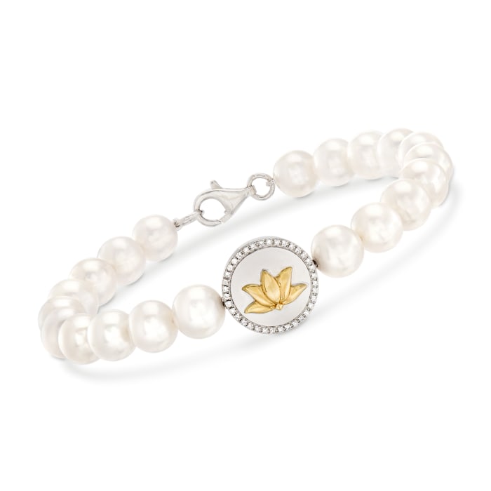 7.5-8mm Cultured Pearl and .10 ct. t.w. Diamond Lotus Bracelet in Sterling Silver and 14kt Yellow Gold
