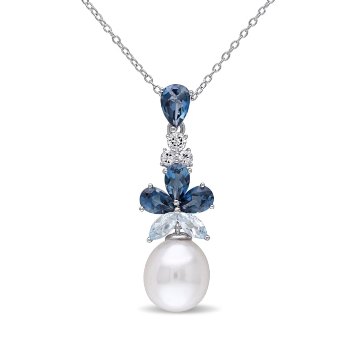 9.5-10mm Cultured Pearl and 3.10 ct. t.w. Blue and White Topaz Drop Pendant Necklace in Sterling Silver